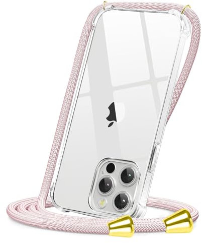 CAROKI Crossbody Case for iPhone 13 Pro,Necklace Mobile Phone Cover with Cord Strap Clear Transparent TPU Soft iPhone 13 Pro Cover Holder with Neck Cord Lanyard Strap-Rose Gold