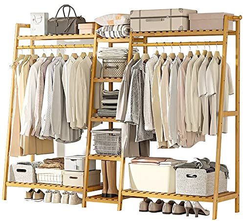 Garderobenständer Bambus-Kleiderständer, Kleiderständer aus Holz mit Regal, offenes Kleiderschranksystem, freistehende, verdickte Kleiderstange für Schlafzimmer, Flur, Wohnzimmer