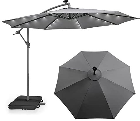 COSTWAY Ombrellone da Giardino con 40 Luci a LED, con Sacco di Sabbia, Ombrellone 300 cm con Altezza Regolabile, Ombrellone con Manovella per Giardino Piscina Patio, 300 x 300 x 250 cm (Grigio)