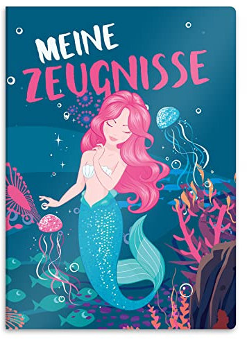 itenga Zeugnismappe mit Motiv DIN A4 stabile Dokumentenmappe Sichtbuch für Zeugnisse - 20 stabile Hüllen - für Kinder Jugendliche Schüler Mädchen Jungen (Motiv Meerjungfrau)