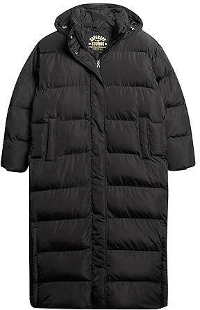 Superdry Damen Maxi-Steppmantel mit Kapuze Schwarz 36