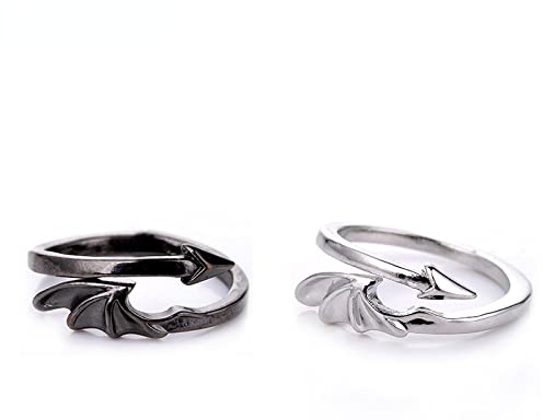 BISONBLUE Ringe Frauen Damen Ring Schmuck Herren Geschenk Retro Punk Style Rock Ring Teufel Feder Flügel Ring Schwarz Offener Ring Damen Geschenk Einstellbar Größenverstellbar Schwarz