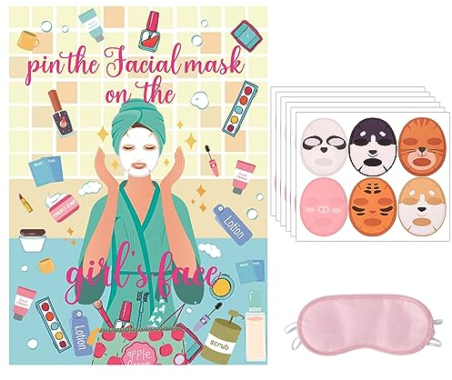 38pcs Jeux de Fête de Spa, Épinglez le Masque Facial Sur le Visage de la Fille avec Autocollant d'Affiche de Fête de Spa et Bandeau pour les Yeux Fournitures de Fête d'Anniversaire de Spa