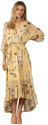 Yumi Womens Floral Butterfly Kimono Wrap Dress - Perfect Summer Wedding Guest Dress for Ladies - V-Neck, 3/4 Length Sleeves & Dip Hem Back (18, Yellow)
