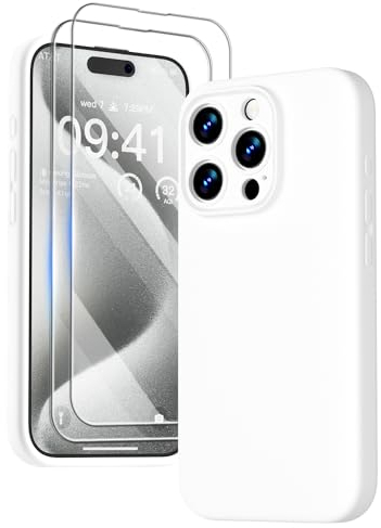 GOODVISH 3 in 1 Case for iPhone 15 Pro Case, [2X HD Screen Protector][Upgraded Camera Protection] Shockproof Liquid Silicone Soft Microfiber Lining Smooth Protective Phone Case Cover 6.1, White