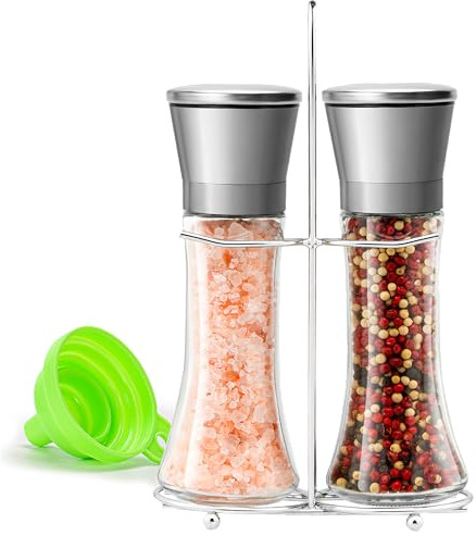 M JINGMEI Salt and Pepper Grinder Set - Stainless Steel Refillable Salt & Peppercorn Shakers (2.6 W x 7.5 H - 2 Pack with Holder)