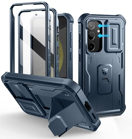 Dexnor per Cover Samsung Galaxy S24 con Copertura integrata della fotocamera scorrevole & Protezione dello schermo & Kickstand, Custodia resistente agli urti Copertura protettiva - Blu Marino