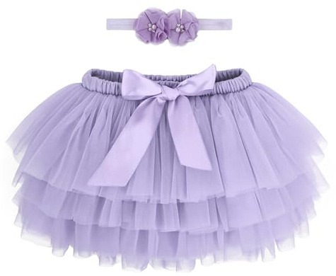 ANIMQUE Bebè Bambine Ragazze Gonna tutù Gonna Principessa Mini Strati Super Morbido 6-12 Mesi Tulle Gonna Elastico in Vita Balletto Gonne Corte con Copri Pannolino + Fascia, Viola M