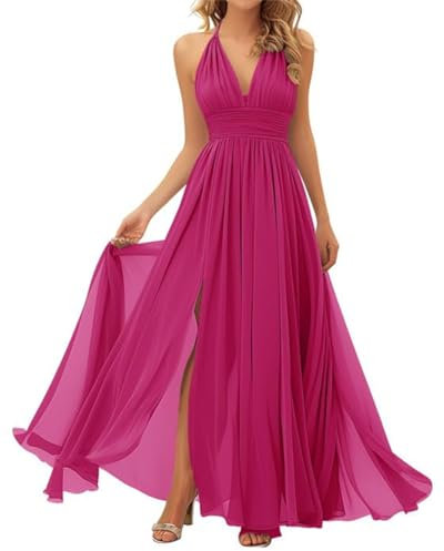 WSEYU Vestidos de dama de honor de gasa, cuello en V, plisado, largo, formal, vestido de noche largo, fucsia, 46