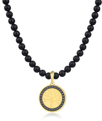 GAVU Collana Nera Uomo con Ciondolo Albero della Vita, Collana Perle Uomo Onice Opaco 50cm