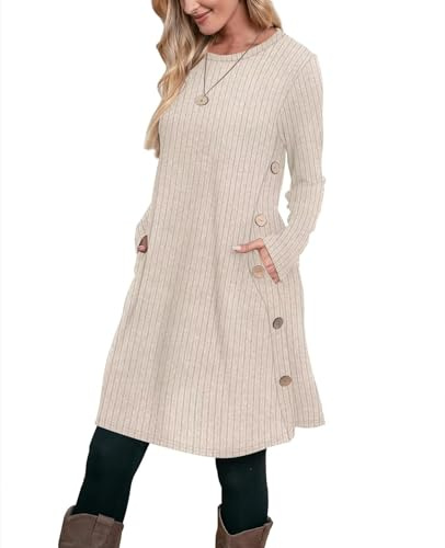 Aokosor Strickkleid Damen Langarm Kleider Pulloverkleid für Damen Tunika Kleid Winterkleid mit Knöpfen und Taschen
