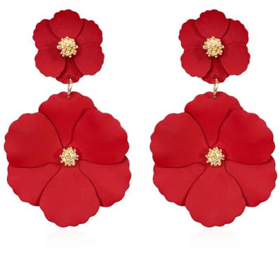 TOFBS Pendientes Mujer Niña Doble Flor Pendientes Flamenca Grandes Multicolor Borla Pétalos de Metálicos Boho Retro Personalidad Exagerada Joyas de Boda