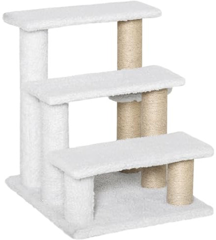 PawHut Pet Stair with 3-step Climb Ladder, Scratching Posts, White