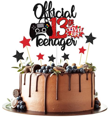 Joyeah 13th Official Teenager Cake Topper Decorations Glitter Game Themed Cake Topper Birthday Cake Decoration for Kids Birthday Party Favors Red