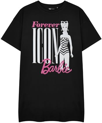 Barbie Women's Black T-Shirt Dress | Forever Icon Graphic Tee | Short Sleeve Retro Fashion Top | Doll Movie Merchandise Gift Brand Apparel for Her