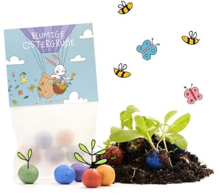 Ostergeschenk Blumige Ostergrüße – Set aus 10x5 bunten Blumenmurmeln l Kleine Saatkugeln in einem Tütchen mit einem Osterhasen im Heißluftballon l Geschenk zu Ostern l Geschenkidee Ostern