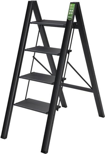 Ladder with four steps, folding step stool with wide non-slip platform, portable lightweight aluminum ladder for home and office, step stool for kitchen with 150 kg load capacity
