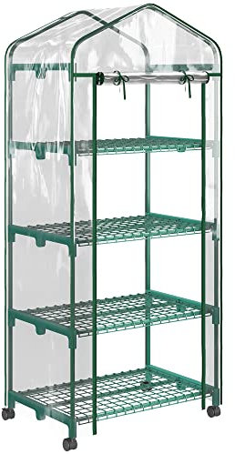 Outsunny Invernadero Pequeño Invernadero de Exterior con Ruedas Estantes de 4 Niveles Puerta con Cremallera y Marco de Acero Invernadero para Cultivar Plantas Flores 69x50x165 cm Transparente