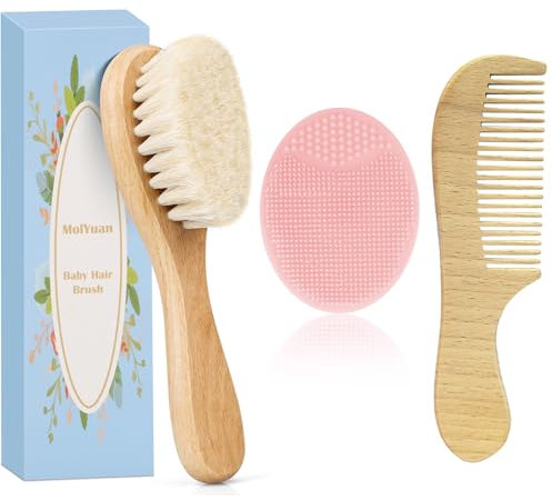 MolYuan Baby Hair Brush, Goat Bristles Brush and Baby Cradle Cap Brush Set for Cradle Cap Wood Bristle for Newborns and Toddlers (3PCS(Pink Silicone Brush+Hair Brush+Wood Comb))