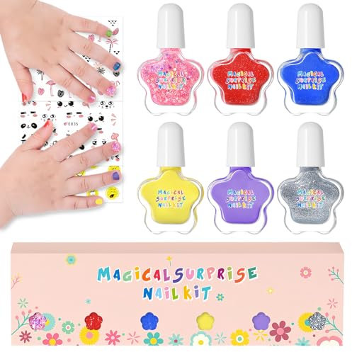 6 Farben Kinder Nagellack Set - Schnelltrocknender Nagelack für Mädchen - Ungiftig Peel Off Nagellack auf Wasserbasis mit Nagelsticker - Rosa Rot Blau Silber Glitzer Nail Polish Geschenk Kit (B Set)
