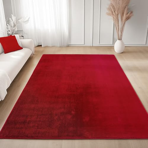 Carpettex Läufer Teppich Rot 60x100 cm- Kurzflor Teppich Waschbar, weich & rutschfest, modernes einfarbiges Design für Schlafzimmer, Küche & Flur