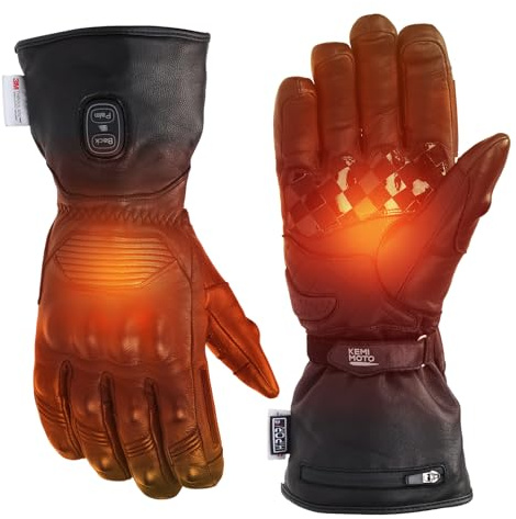 KEMIMOTO Beheizbare Motorrad Handschuhe Winter, Vollfinger Ziegenleder mit rutschfesten Pads, 2 Heizzonen Touchscreen Lederhandschuhe für Herbst und Winter, Outdoor, Motorrad, Herren und Damen
