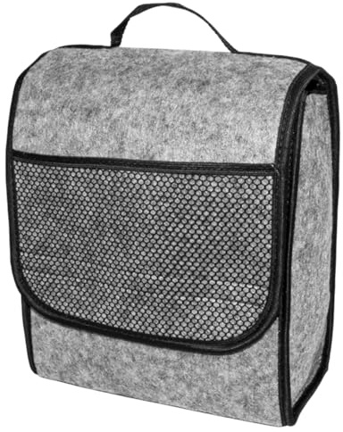 Car Boot Organiser Bag - Grey Felt Storage Box with Handle, Front Pocket, Hook-and-Loop Strips - 26 x 14.5 x 33 cm Car Trunk Storage Case for Tools, Accessories, Emergency Kit, Travel, Cleaning Set