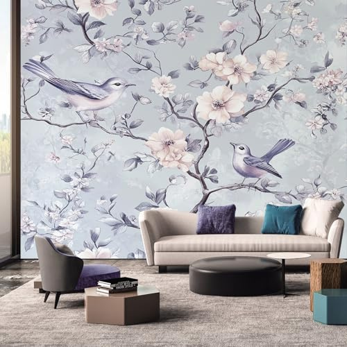 Fototapete Vlies Tapete Blumen Vogel Lila Blume Fototapeten Vliestapete Tapeten Moderne Wandtapete, Wohnzimmer, Flur, TV Hintergrund Wandtapete Poster Bilder Wand Deko, 250 x 175cm (B×H) uiY108
