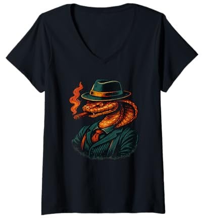Damen Snake Mobster Zigarre Fedora Hut Crime Boss | King Cobra T-Shirt mit V-Ausschnitt