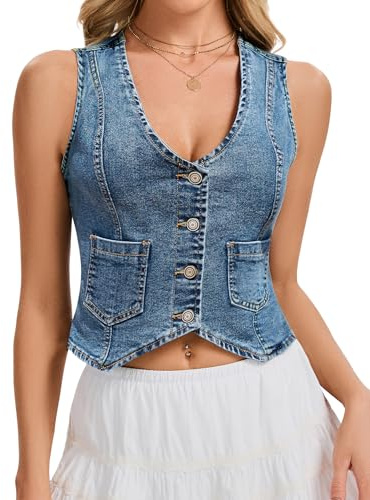 Genhoo Denim Vest Sleeveless Jean Vest Top for Women V Neck Button Down Cropped Denim Top with Pockets