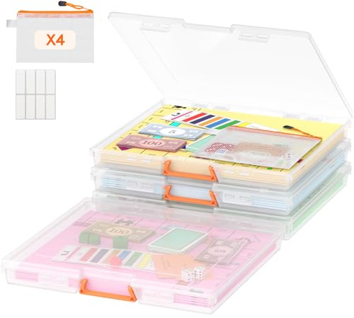 Lifewit 4 Pack Stapelbar Aufbewahrungsbox mit Deckel & Griff, Tragbar Document Box mit 4 Reißverschlusstaschen und Etiketten, Storage Box für Papier Foto Bastelbedarf Brettspiel, 33 x 31 cm/13x12