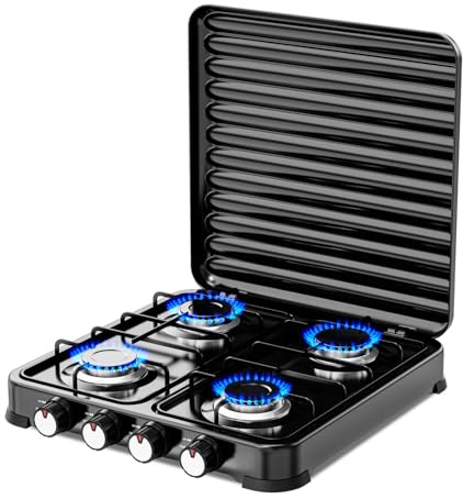 Cocina de Gas portátil de 4 fuego con parrilla, Apta para butano y propano, Tapa protectora extraíble, Ideal para camping, Ocupa poco espacio