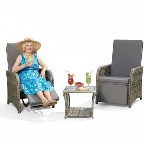 Melko Gartenmöbel Set Lounge Polyrattan 2 Sessel mit Tisch verstellbar Grau | Fußstützen integriert, Rückenlehnen bis in Liegeposition einstellbar, wetterfestes Geflecht auf Metallgestell, inkl. Auflagen