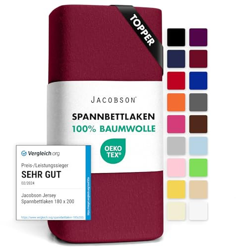 Jacobson Jersey Spannbettlaken Spannbetttuch Baumwolle Bettlaken (Topper 180-200x200 cm, Bordeaux)