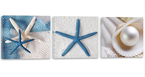 Feeby Quadro su Tela Spiaggia 3 pezzi 60x20 cm Stampa Murale Fotografia Decorazione da parete Immagini Moderni per Soggiorno Camera da Letto Ufficio Cucina Spiaggia Conchiglie Bianco