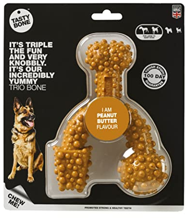 TastyBone TrioBone Nylon Dog Chew Toy for Large Dogs (Peanut Butter) - Indestructible for Aggressive Chewers, Everlasting Flavour, Strong Healthy Teeth, Made in the UK