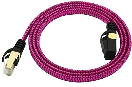 Câble de raccordement Ethernet CAT7 10 Gigabit ultra plat avec connecteurs RJ45 plaqués or et blindés et gaine en nylon tressé pour modem, routeur, réseau LAN (rose rouge)