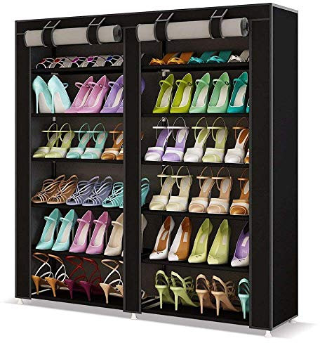 BAKAJI Scarpiera Armadio Salvaspazio 7 Ripiani 115x30x110cm Fino a 36 Paia Di Scarpe Struttura Acciaio e Rivestimento In Tessuto TNT Impermeabile Con Chiusura Zip Antipolvere (Nero)