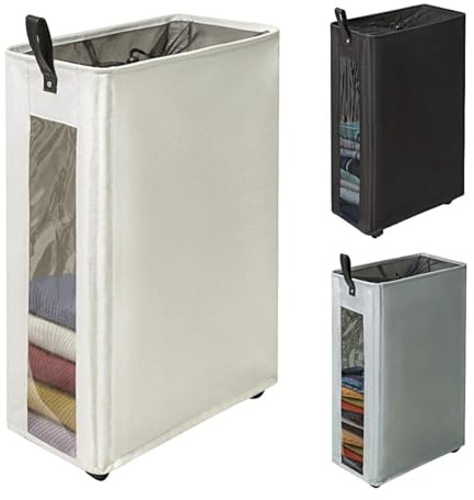 ZERO JET LAG 25 Inches Slim Laundry Storage Hamper - Large Rolling Clothes Hamper - Rolling Storage Bin - Tall Corner Basket - Clear Window Visible - Dirty Laundry Bin - (Beige) - Slim Hamper