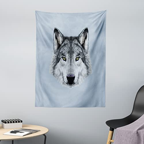 ABAKUHAUS Wolf Wandteppich, Detaillierte Canine Expression aus Weiches Mikrofaser Stoff Waschbar ohne Verblassen Digitaldruck, 110 x 150 cm, Schwarz Beige Blaugrau