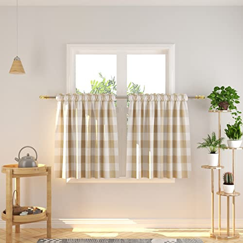 NATUS WEAVER Buffalo Vorhänge, kariert, 76,2 cm lang, kariert, Gingham-Stangentasche, klassische Café-Vorhänge, Landhausstil, Küche, halbes Fenster, 2 Paneele, Beige & Weiß