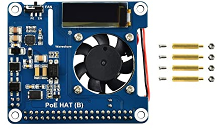Waveshare Power Over Ethernet HAT for Raspberry Pi 3B+/4B, 802.3af-Compliant with OLED for real-time Monitoring Temperature, IP, and Fan Status