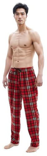 SaneShoppe Pantalon d'hiver pour Homme en Polaire Thermique - Chaud, Confortable, Tailles M à 3XL, Soft Loungewear Checked Fluffy 2 Pockets Drawstring Pajama Mens Sleep Wear PJ Red - M