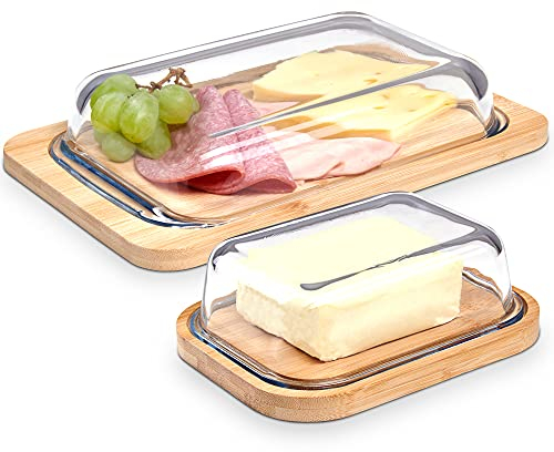 Wohncare Multifunktionales Kühlschrank-Set | Butterdose und Aufschnittbox aus Borosilikatglas & Bambus | stapelbar, nachhaltig & plastikfrei | Glas Frischhaltedosen für Käse, Wurst & Butter