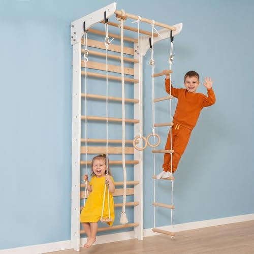 WEDANTA Wooden Swedish Ladder Wall Set – Kids Stall Bars for Exercise – Kids Swedish Gymnastic Wall Gym – Wood Stall Bar Gymnastics Playground – Best Gym for All Family - Kinder-2