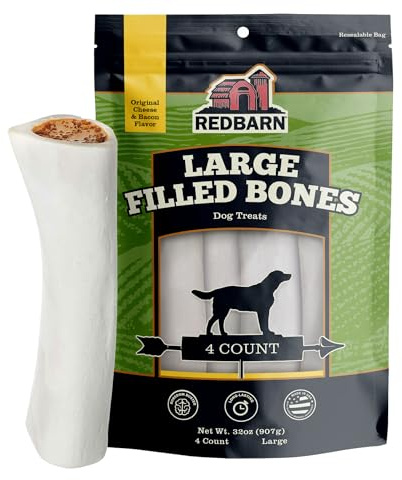 Redbarn Pet Products Large Filled Dog Bones, Cheese & Bacon Flavor - Long Lasting Stuffed Femur Chew Treat Made in USA - 4 Count - Packaging May Vary