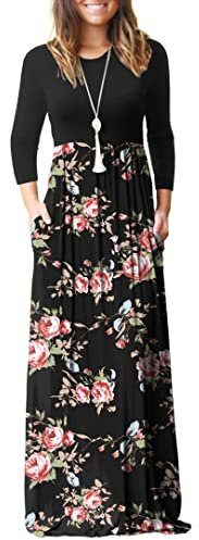 GRECERELLE Women's Casual Maxi Dress Long Sleeve Long Dresses with Pockets and Sleeves for Ladies (Rose Black, XL)
