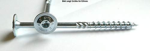 Tellerkopf-Holzbauschrauben 8 x 120mm, T-40, weiß verzinkt, Handwerkerqualität, Konstruktionsschrauben (10 Stück)