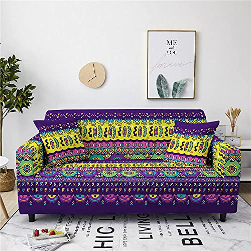 ZAHHYG Sofa Überzug Lila Gelber Ethno-Stil Sofaüberwurf Sofabezug Stretchy Couchbezug Sofa Bezug Ecksofa Überwurf Sofabezüge Antirutsch Sofahusse Jacquard Sofaüberzug 3 Places (190cm-230cm)