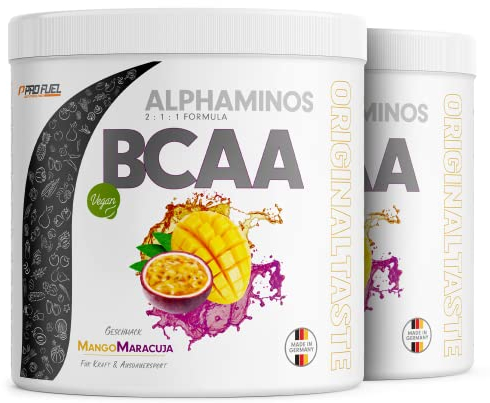 BCAA Pulver 600g MANGO-MARCUJA - Alphaminos BCAA 2:1:1 Drink mit 8000 mg B.C.A.A. - unfassbar leckerer Geschmack, Essentielle Aminosäuren Leucin, Isoleucin & Valin - 100% vegan und laborgeprüft